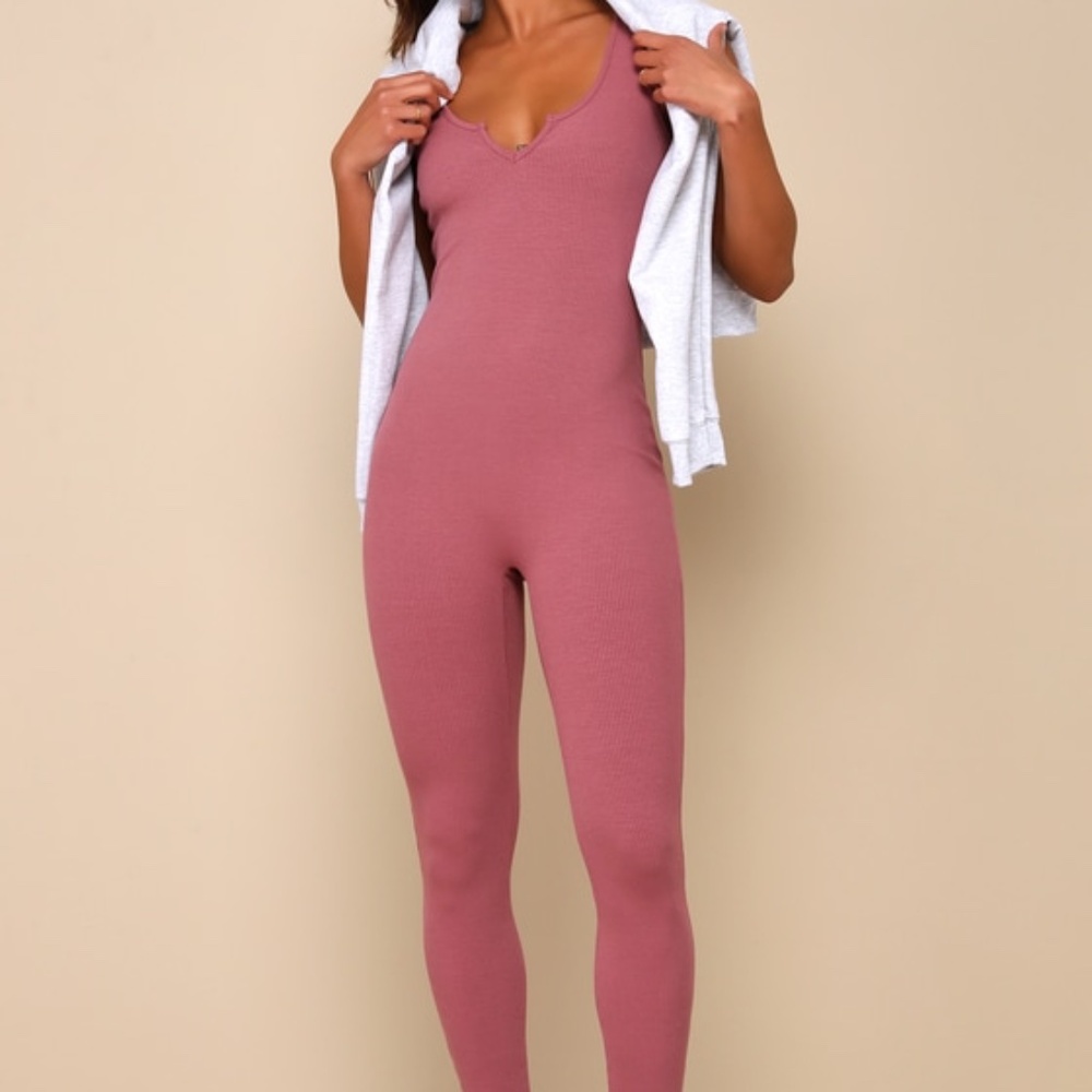 Lulus Chic Leisure Dark Mauve Ribbed Knit Sleeveless Notched Jumpsuit Purple